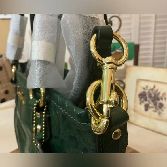 Coach mini tote rich forest green leather bag with gold hardware
